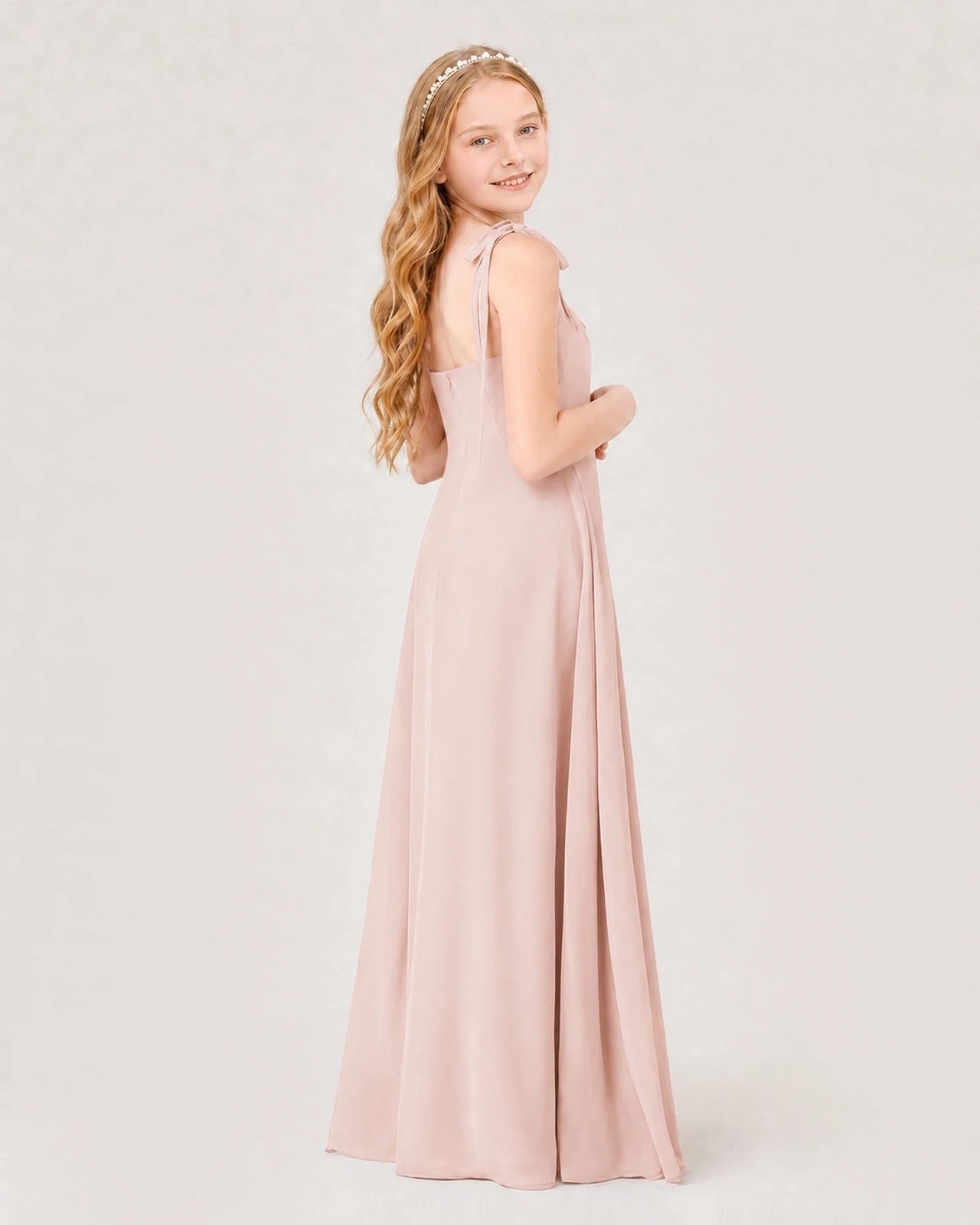 Dideyttawl Chiffon Junior Bridesmaid Dress with Shoulder Tie Straps