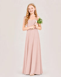Dideyttawl Chiffon Junior Bridesmaid Dress with Shoulder Tie Straps