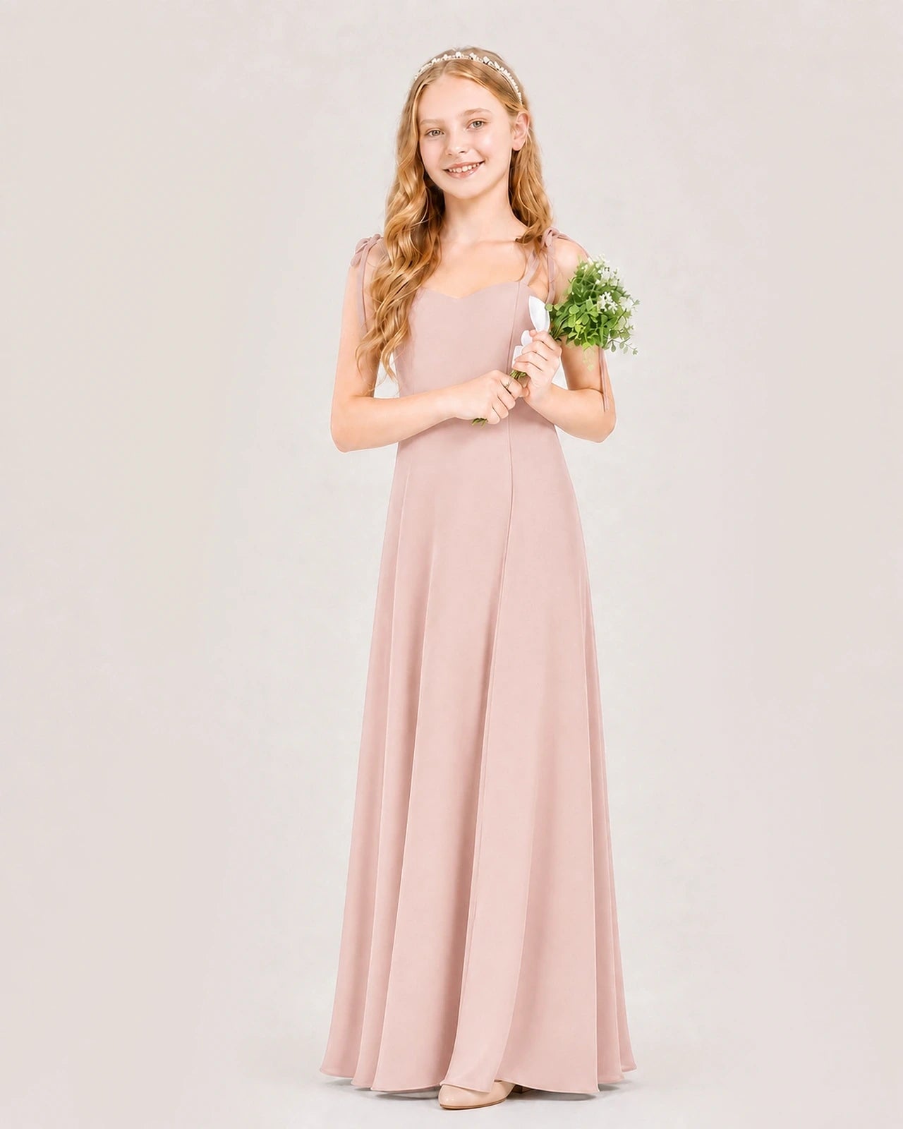 Dideyttawl Chiffon Junior Bridesmaid Dress with Shoulder Tie Straps