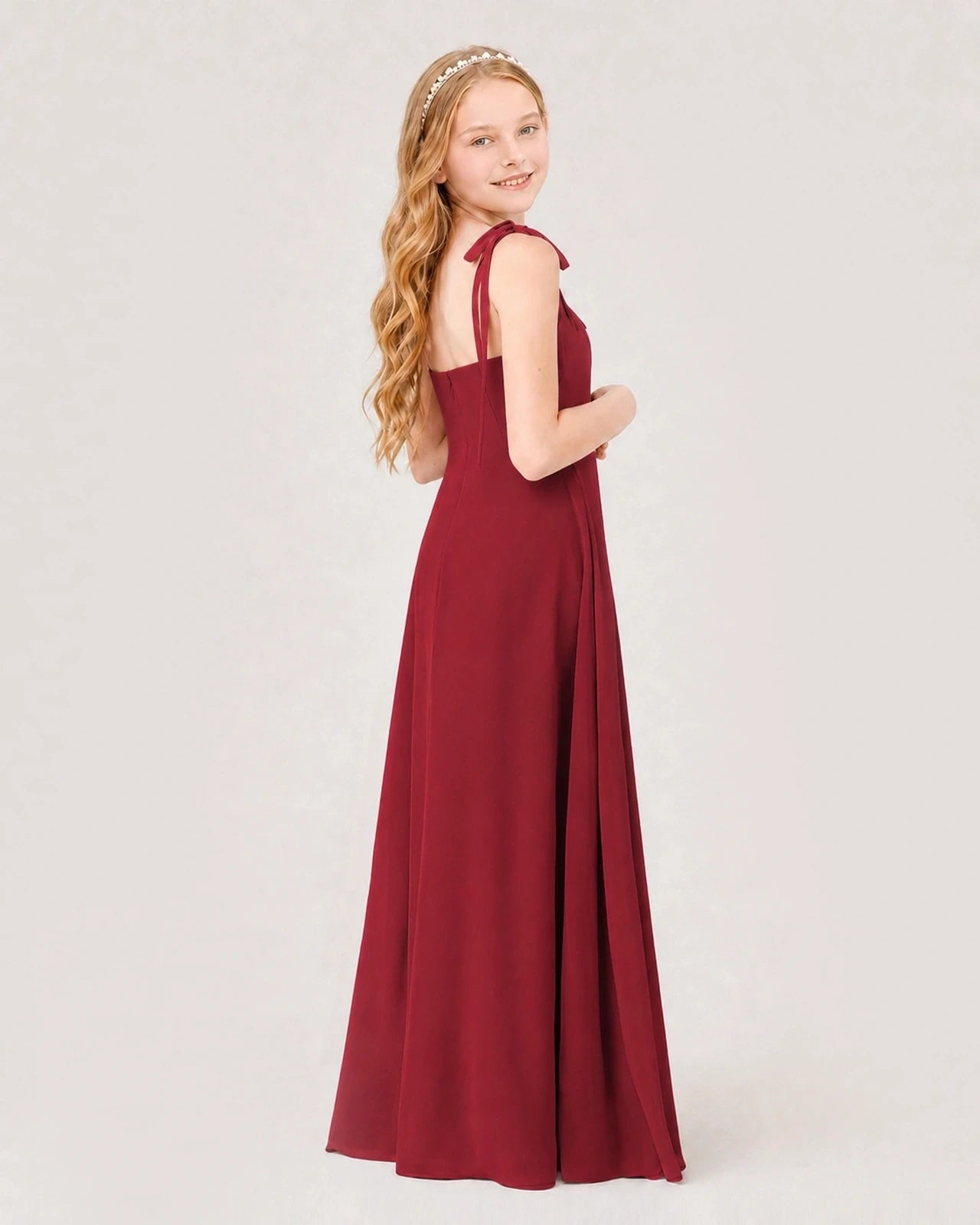 Dideyttawl Chiffon Junior Bridesmaid Dress with Shoulder Tie Straps