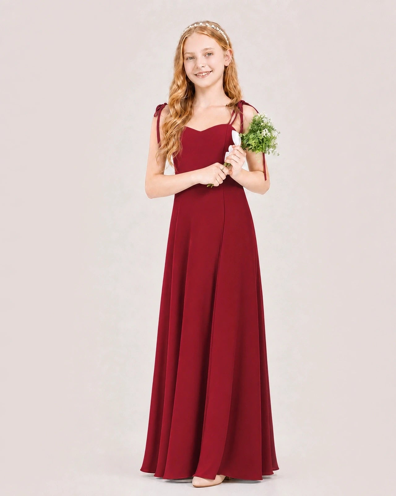 Dideyttawl Chiffon Junior Bridesmaid Dress with Shoulder Tie Straps