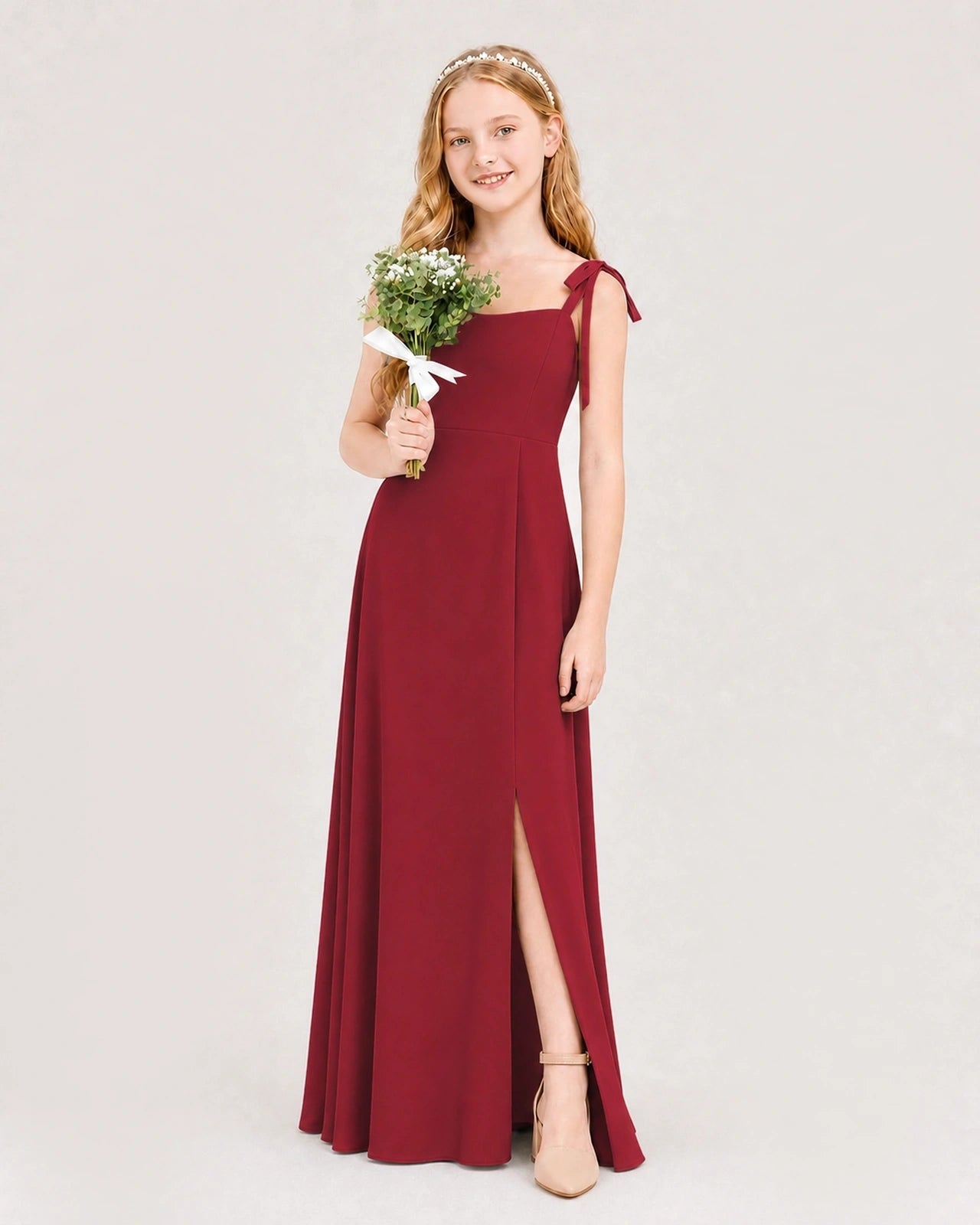 Dideyttawl Chiffon Junior Bridesmaid Dress with Shoulder Tie Straps