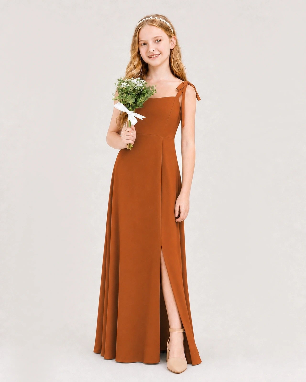 Dideyttawl Chiffon Junior Bridesmaid Dress with Shoulder Tie Straps
