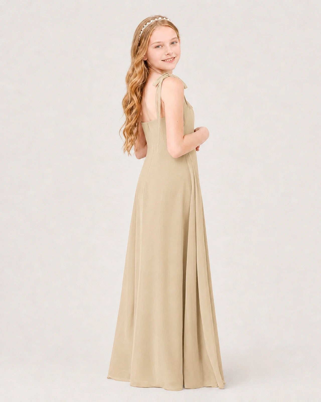 Dideyttawl Chiffon Junior Bridesmaid Dress with Shoulder Tie Straps