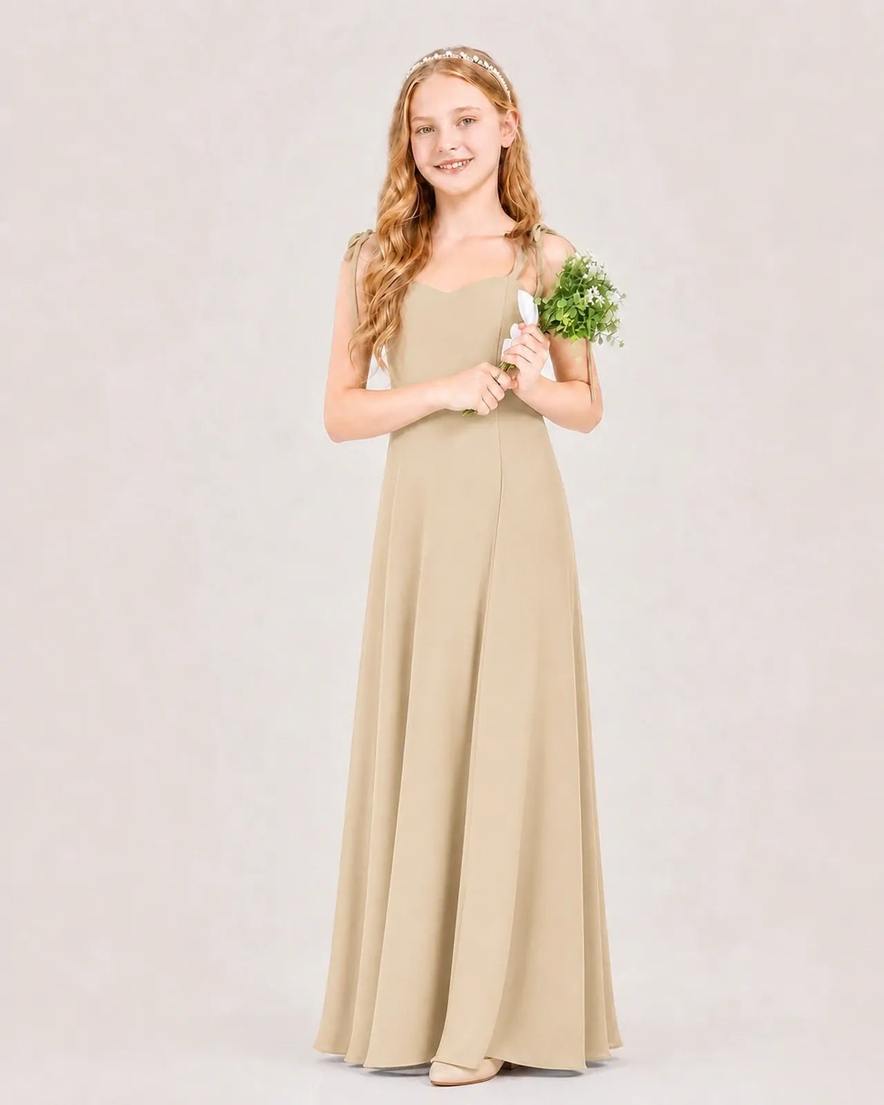 Champagne Chiffon A-line Junior Bridesmaid Dress Front View