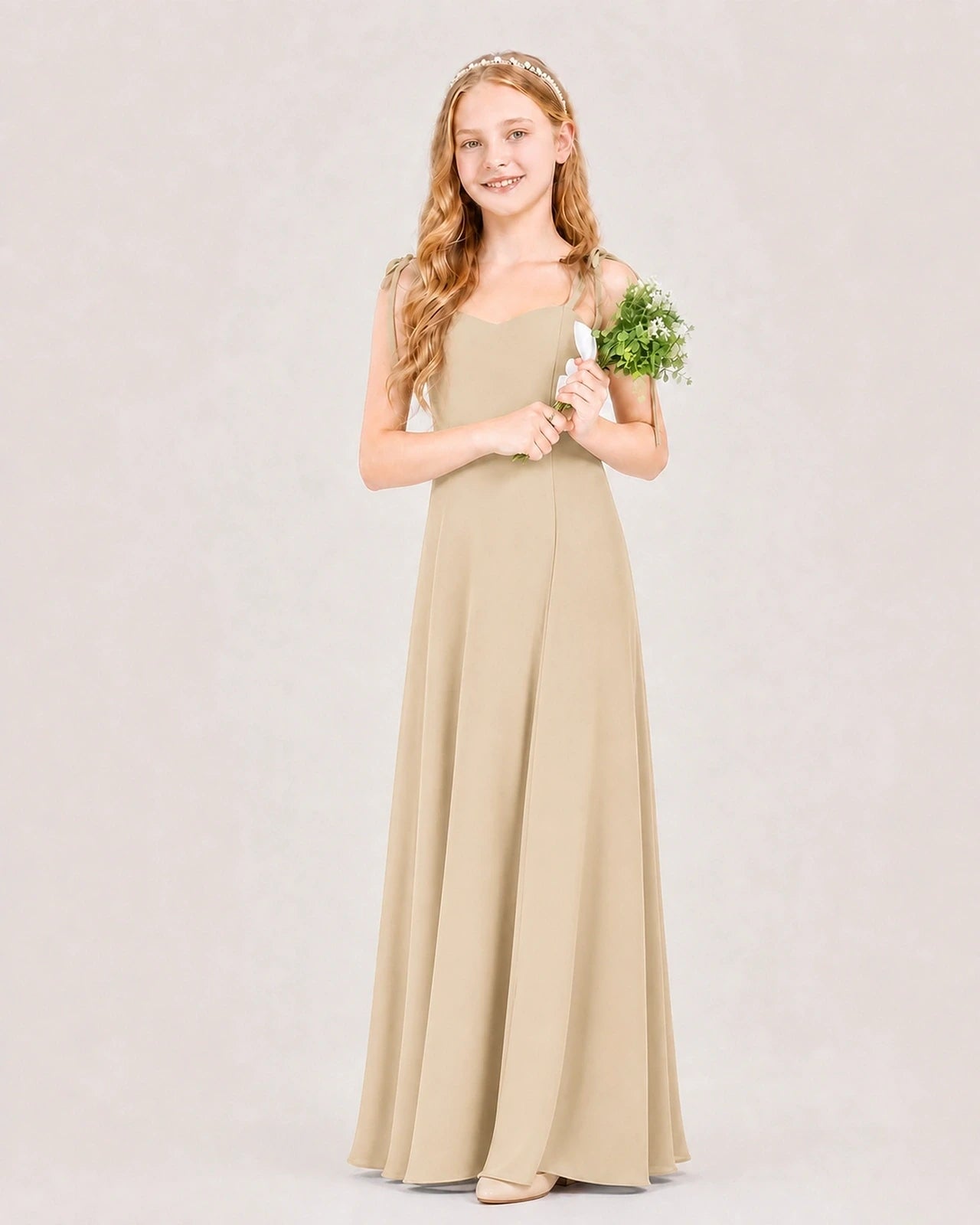 Dideyttawl Chiffon Junior Bridesmaid Dress with Shoulder Tie Straps