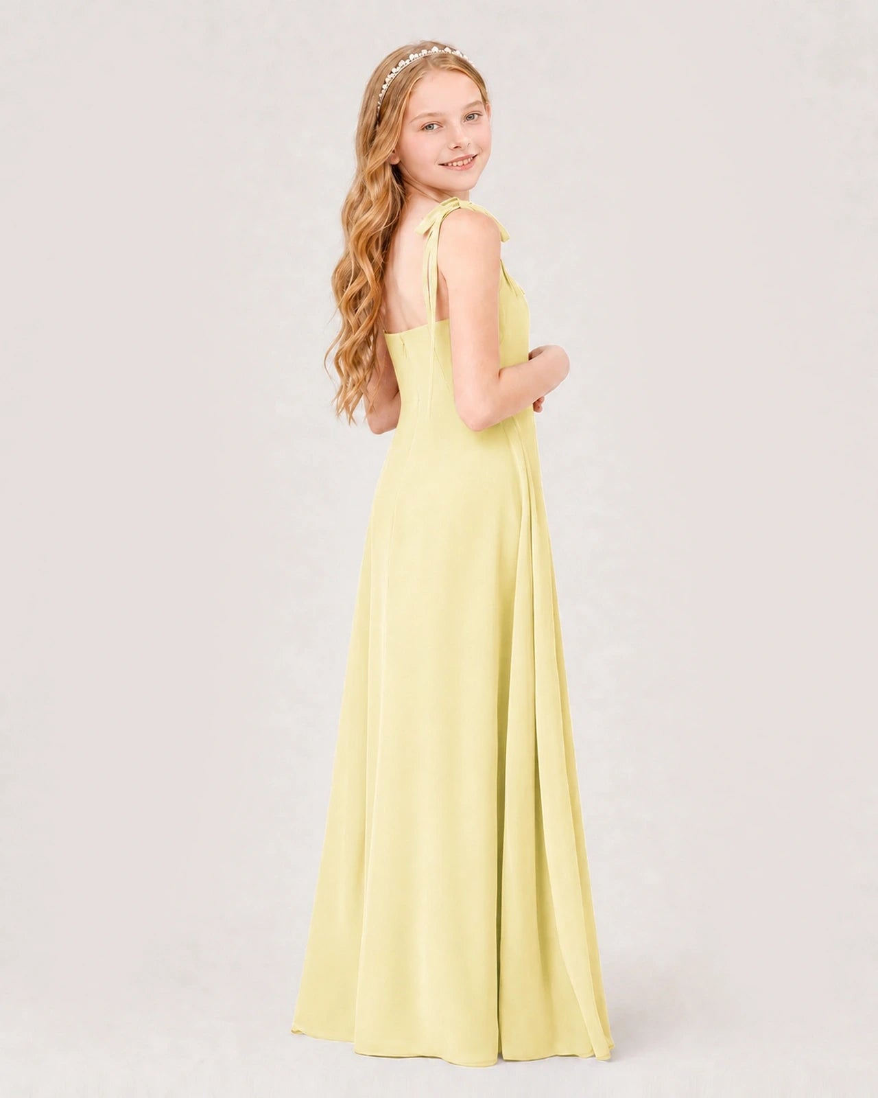 Dideyttawl Chiffon Junior Bridesmaid Dress with Shoulder Tie Straps
