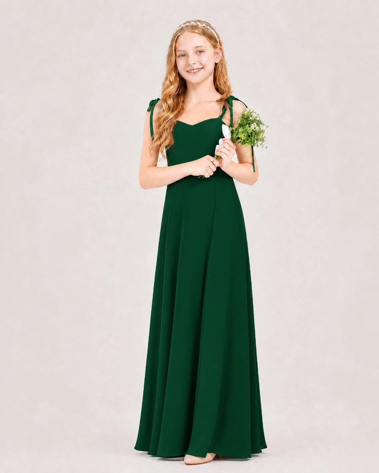 Dideyttawl Chiffon Junior Bridesmaid Dress with Shoulder Tie Straps