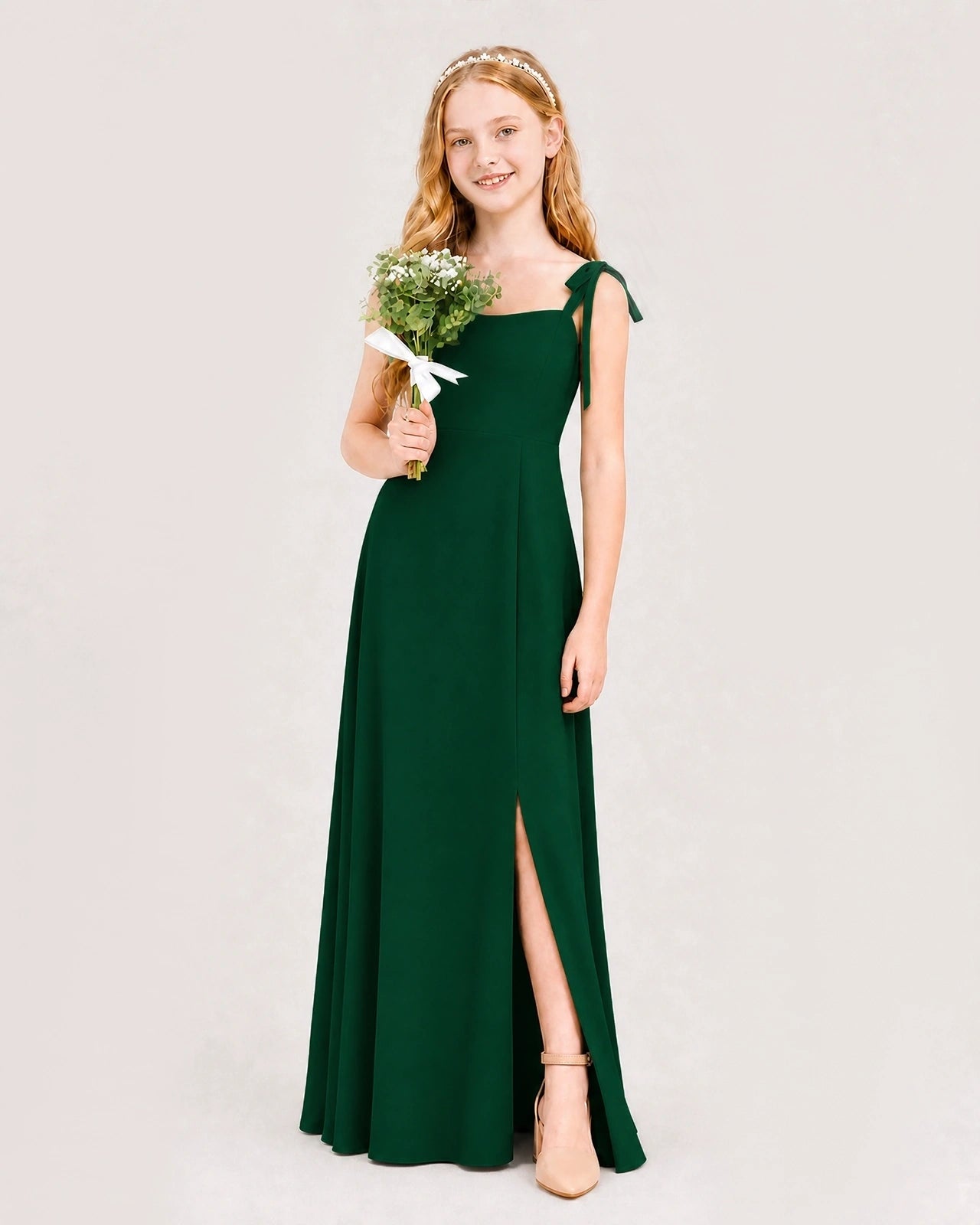 Dideyttawl Chiffon Junior Bridesmaid Dress with Shoulder Tie Straps