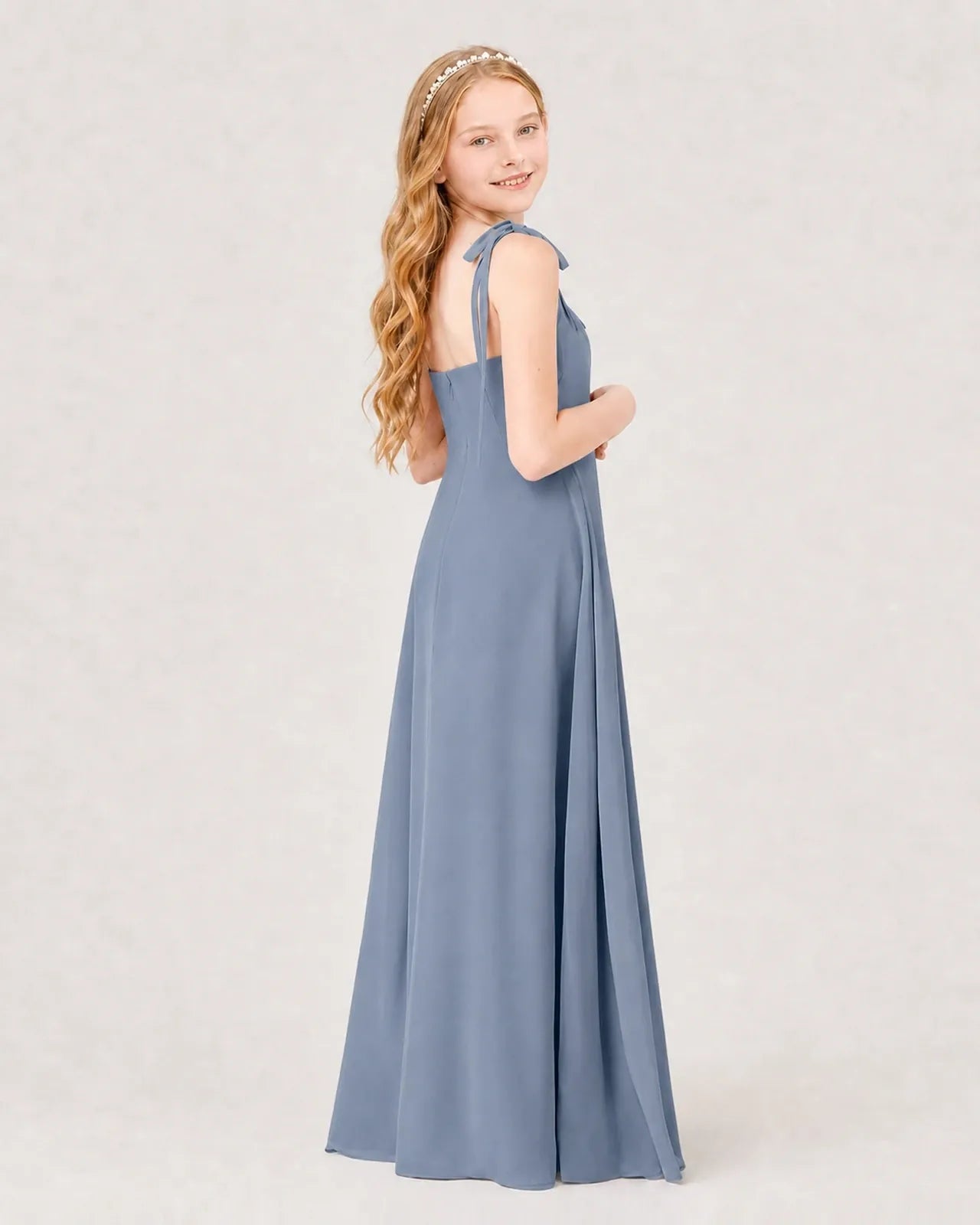 Dusty Blue Chiffon A-line Junior Bridesmaid Dress Back View