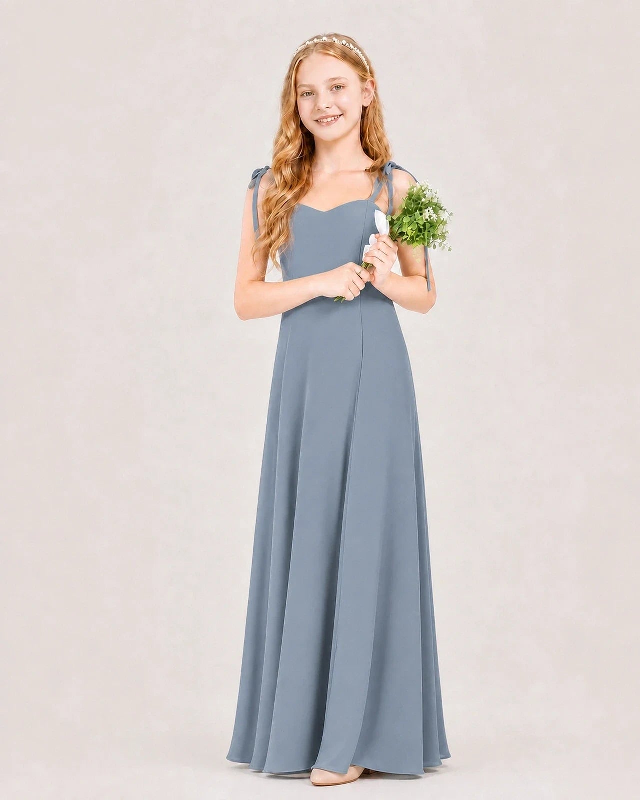 Dideyttawl Chiffon Junior Bridesmaid Dress with Shoulder Tie Straps