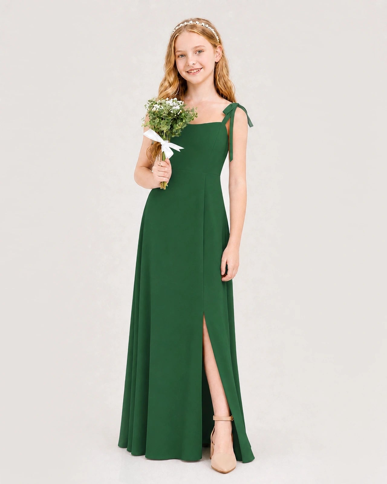 Dideyttawl Chiffon Junior Bridesmaid Dress with Shoulder Tie Straps