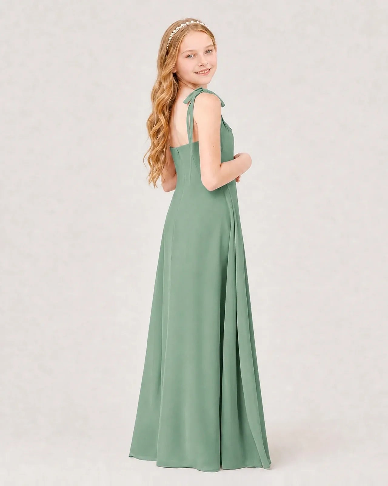 Eucalyptus Chiffon A-line Junior Bridesmaid Dress Back View