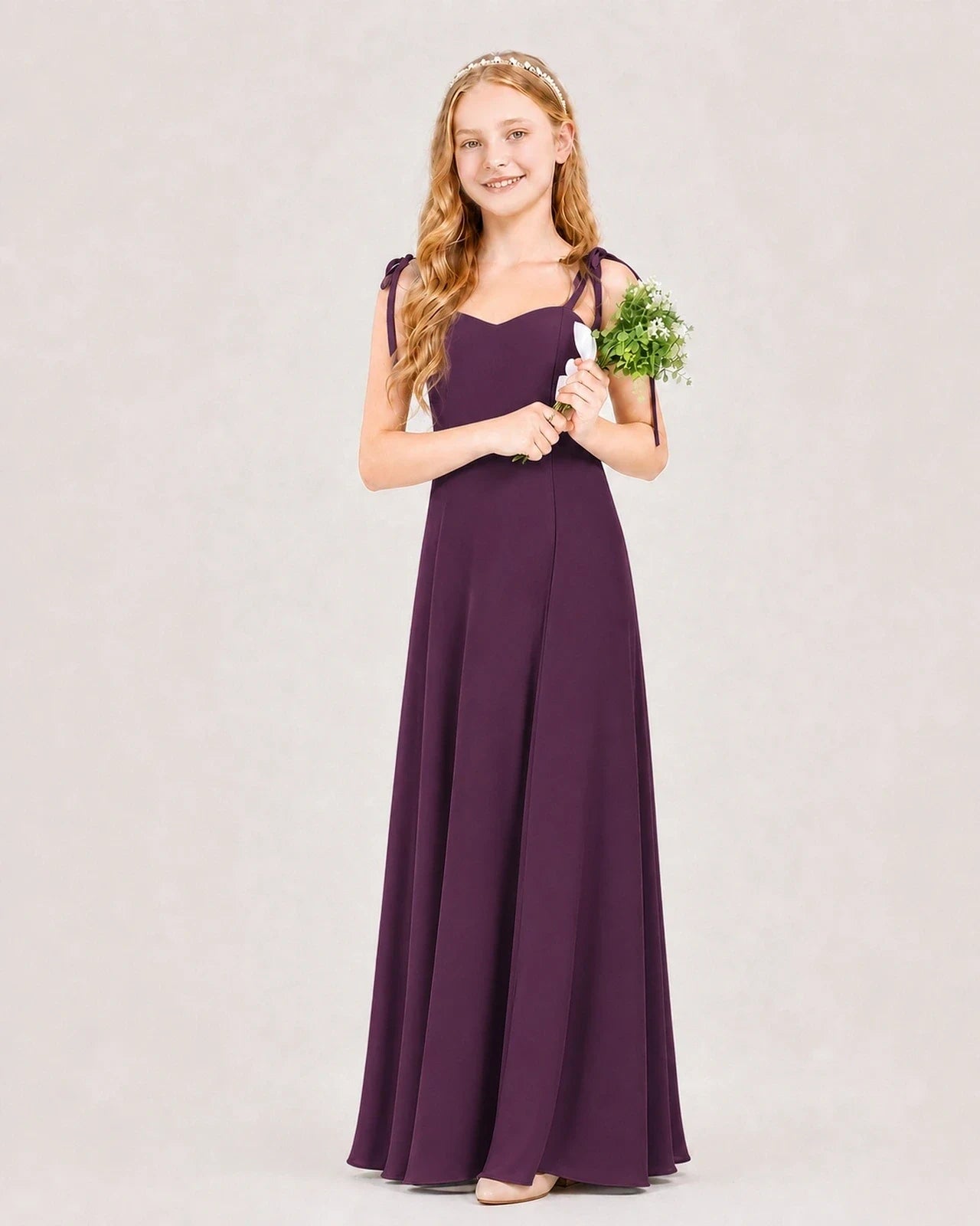 Dideyttawl Chiffon Junior Bridesmaid Dress with Shoulder Tie Straps