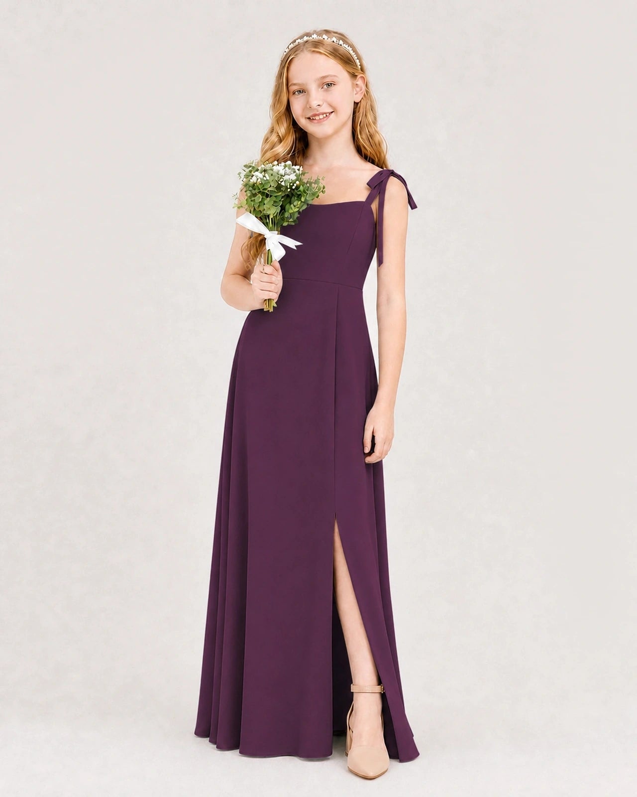 Dideyttawl Chiffon Junior Bridesmaid Dress with Shoulder Tie Straps
