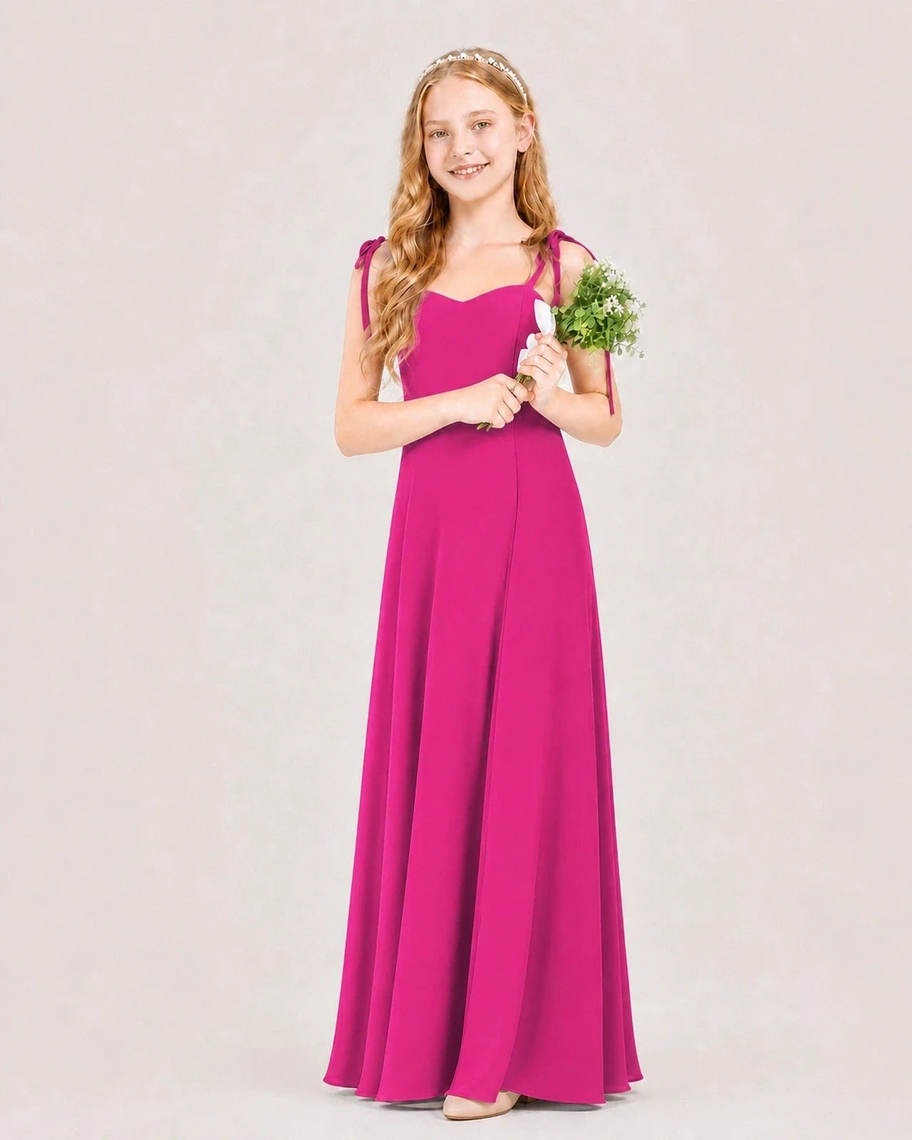 Dideyttawl Chiffon Junior Bridesmaid Dress with Shoulder Tie Straps