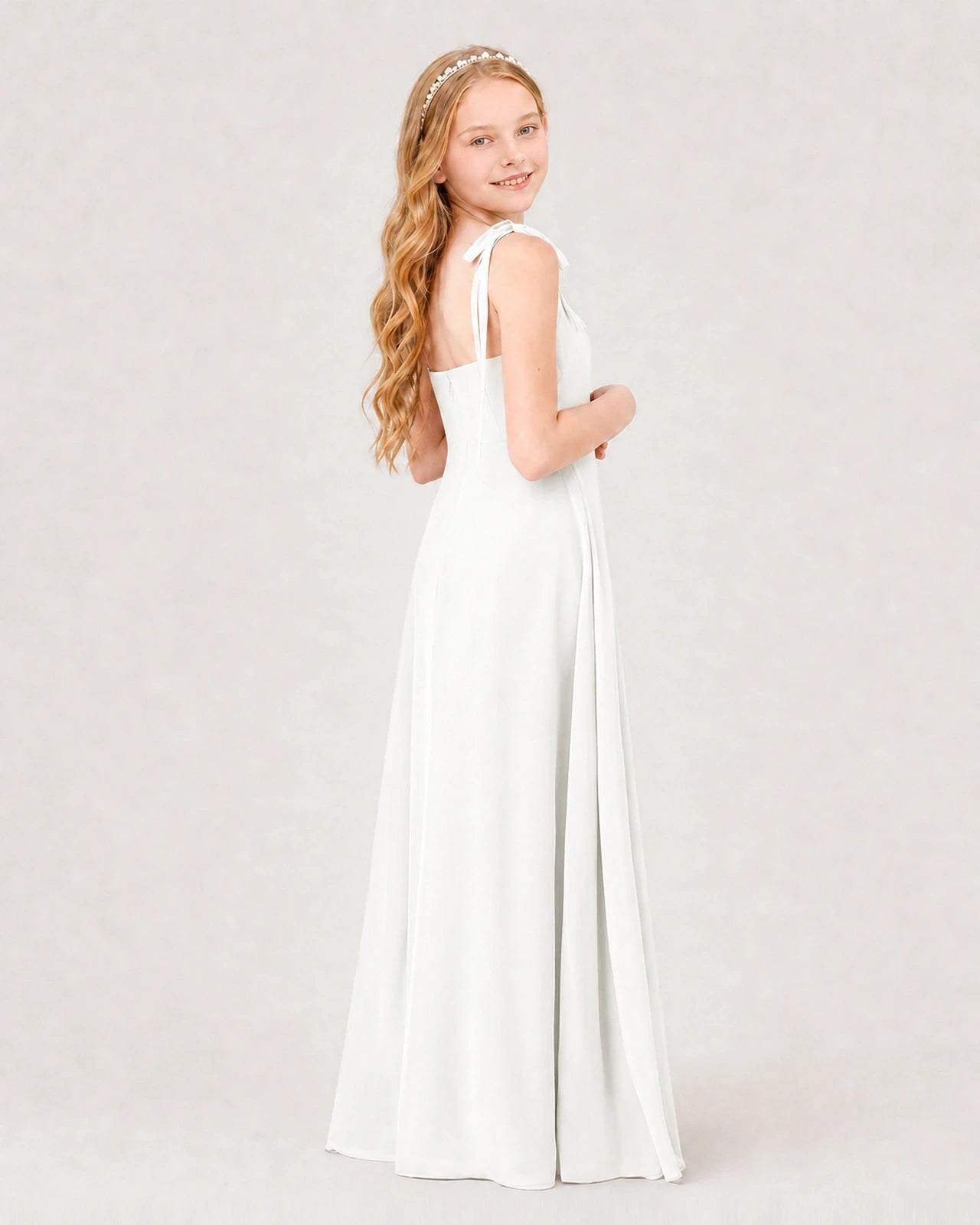 Dideyttawl Chiffon Junior Bridesmaid Dress with Shoulder Tie Straps