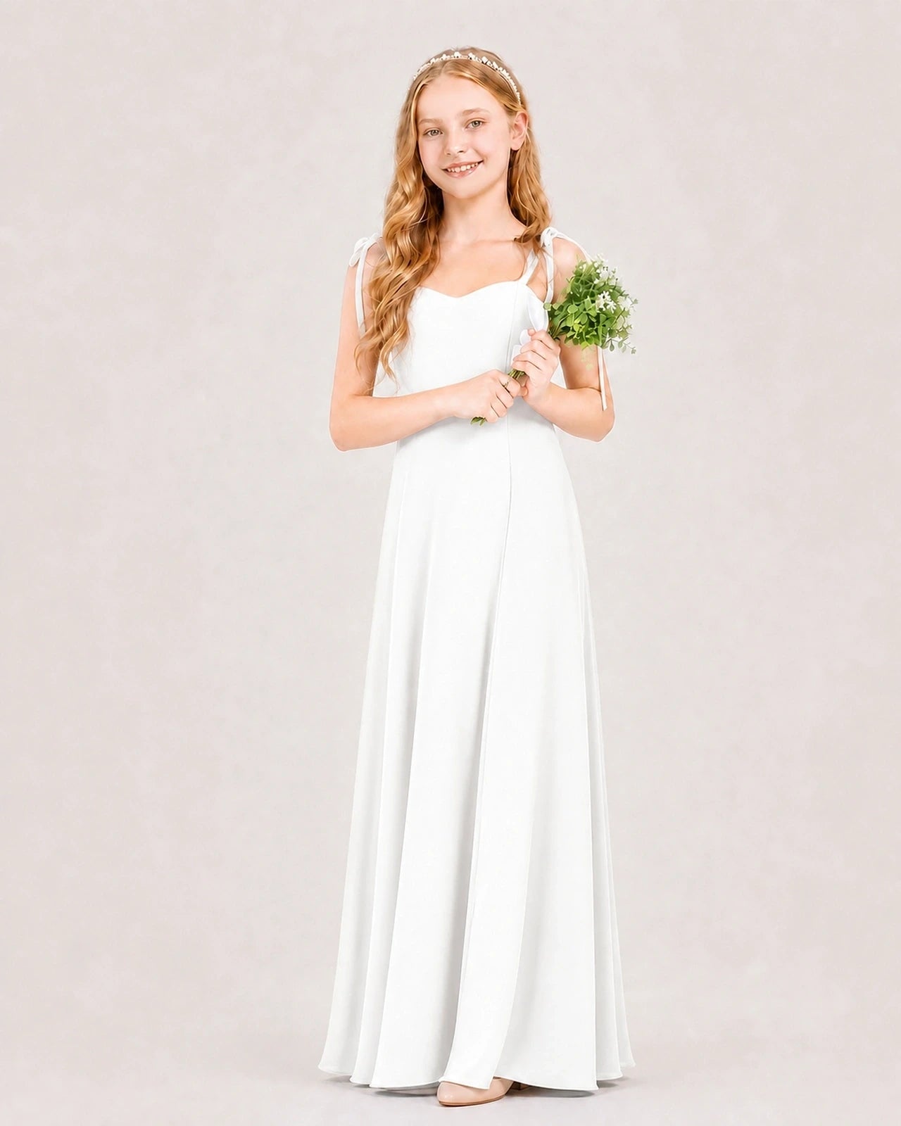 Dideyttawl Chiffon Junior Bridesmaid Dress with Shoulder Tie Straps