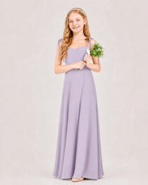 Dideyttawl Chiffon Junior Bridesmaid Dress with Shoulder Tie Straps