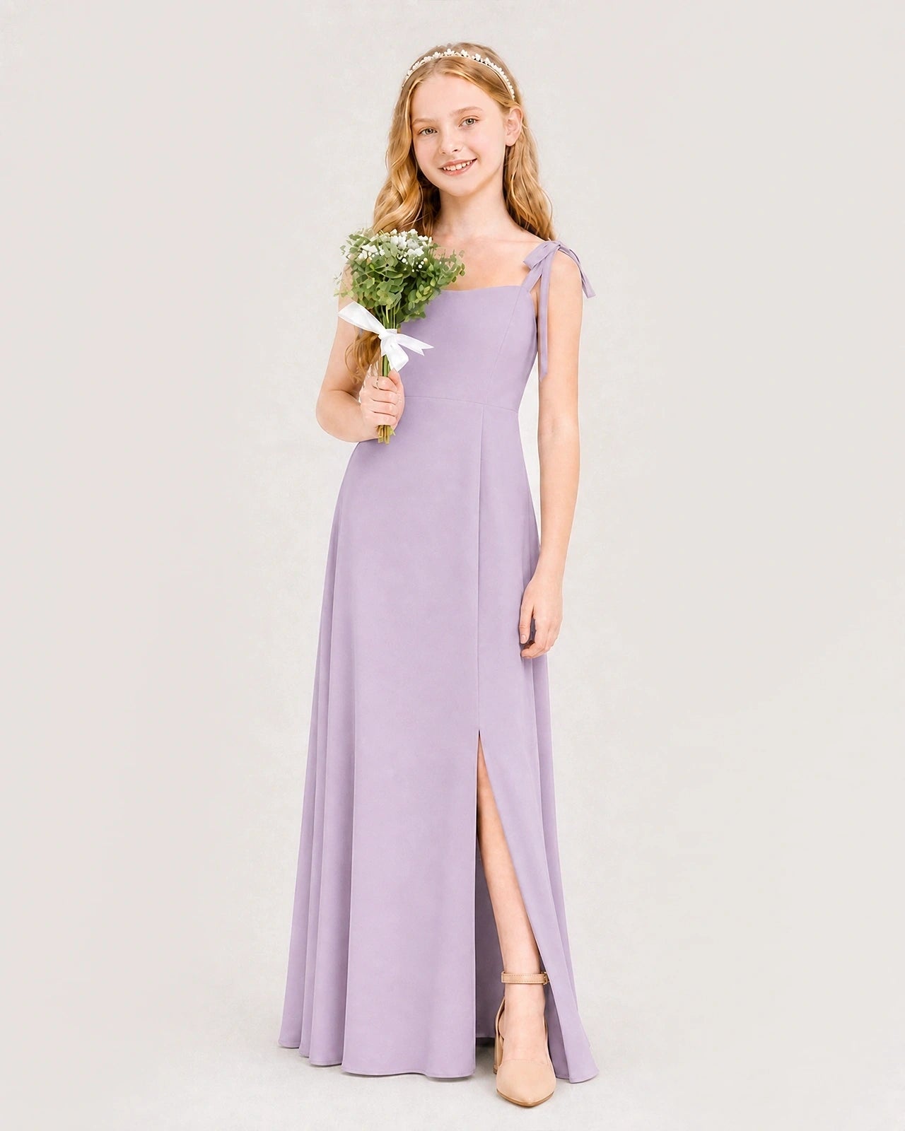 Dideyttawl Chiffon Junior Bridesmaid Dress with Shoulder Tie Straps