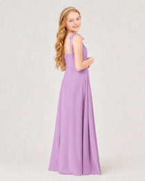 Dideyttawl Chiffon Junior Bridesmaid Dress with Shoulder Tie Straps