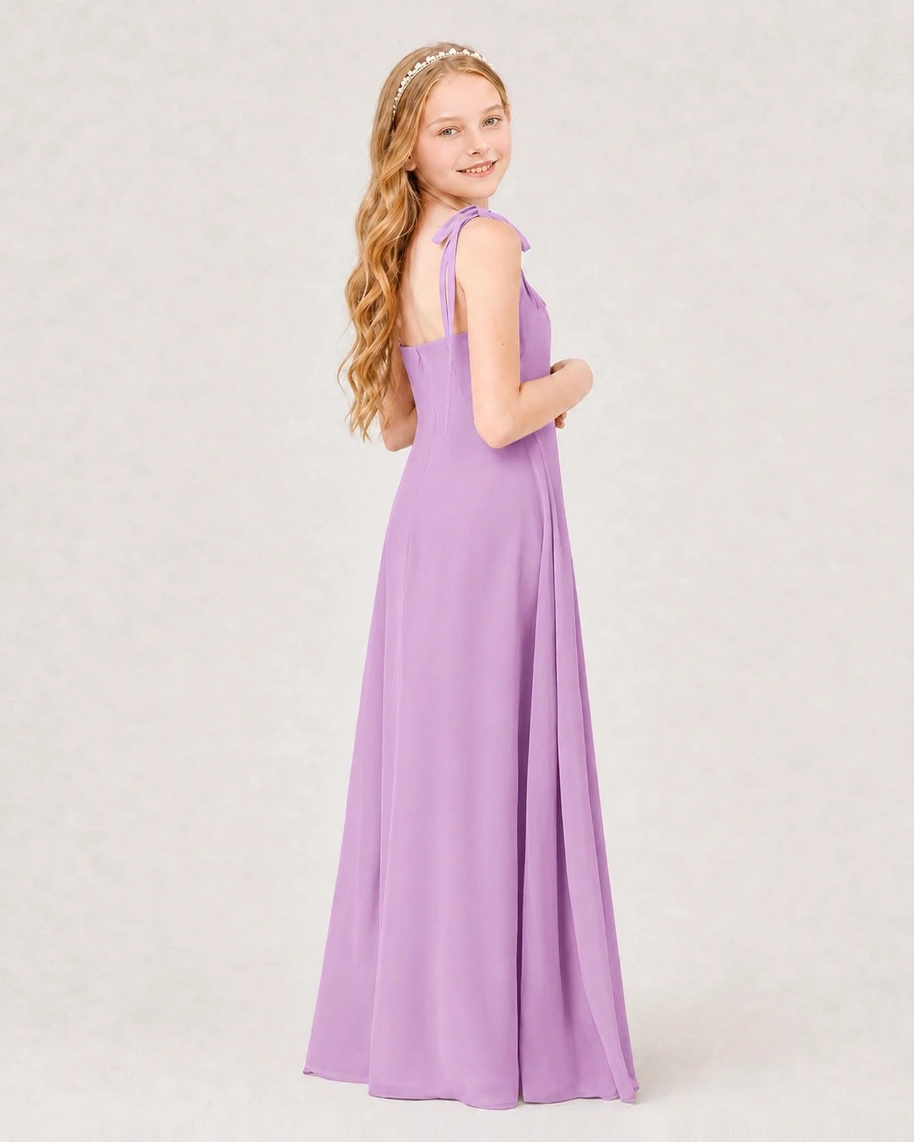 Dideyttawl Chiffon Junior Bridesmaid Dress with Shoulder Tie Straps