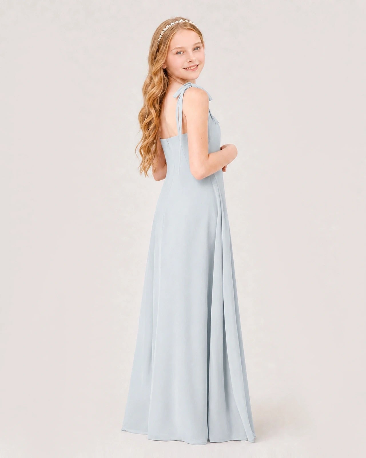Dideyttawl Chiffon Junior Bridesmaid Dress with Shoulder Tie Straps