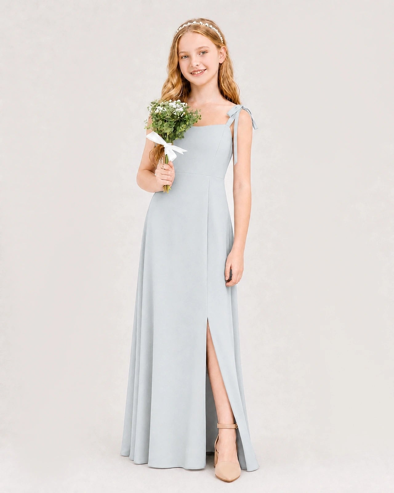 Dideyttawl Chiffon Junior Bridesmaid Dress with Shoulder Tie Straps