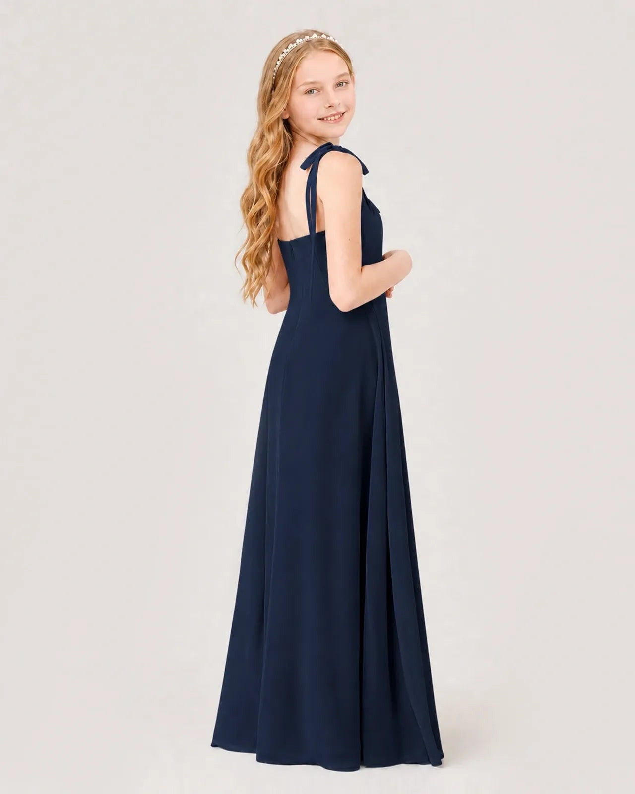 Navy Blue Chiffon A-line Junior Bridesmaid Dress Back View