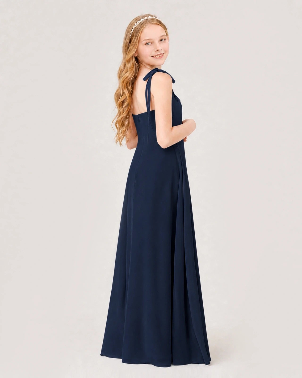 Dideyttawl Chiffon Junior Bridesmaid Dress with Shoulder Tie Straps