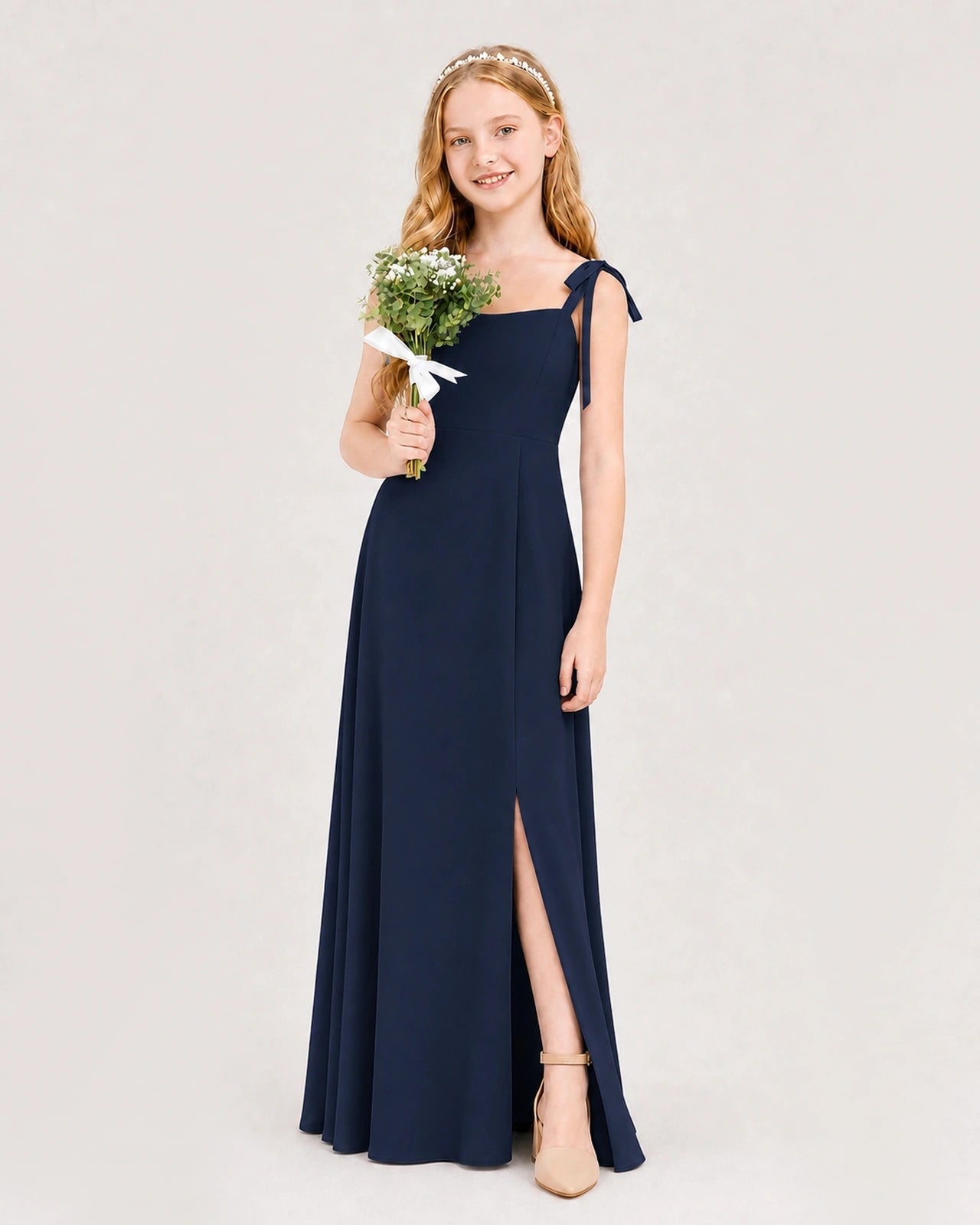 Dideyttawl Chiffon Junior Bridesmaid Dress with Shoulder Tie Straps