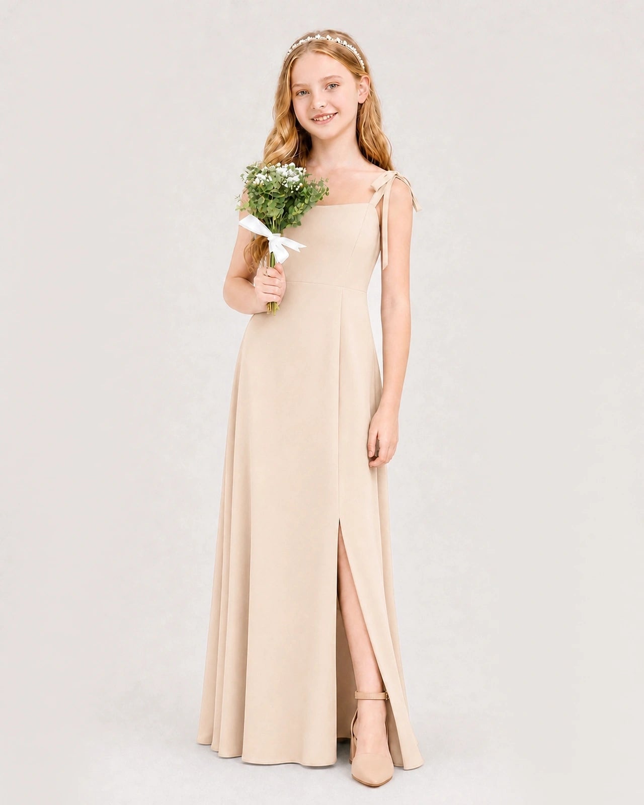 Dideyttawl Chiffon Junior Bridesmaid Dress with Shoulder Tie Straps