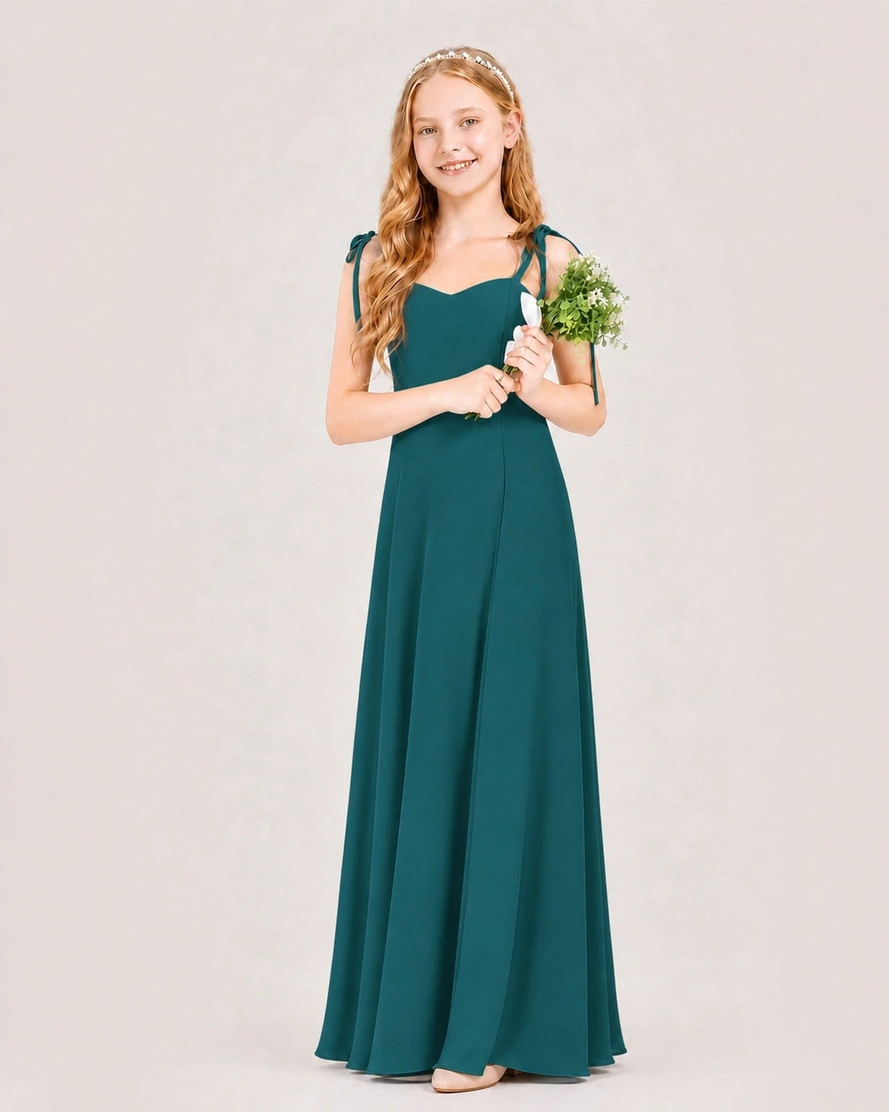 Dideyttawl Chiffon Junior Bridesmaid Dress with Shoulder Tie Straps