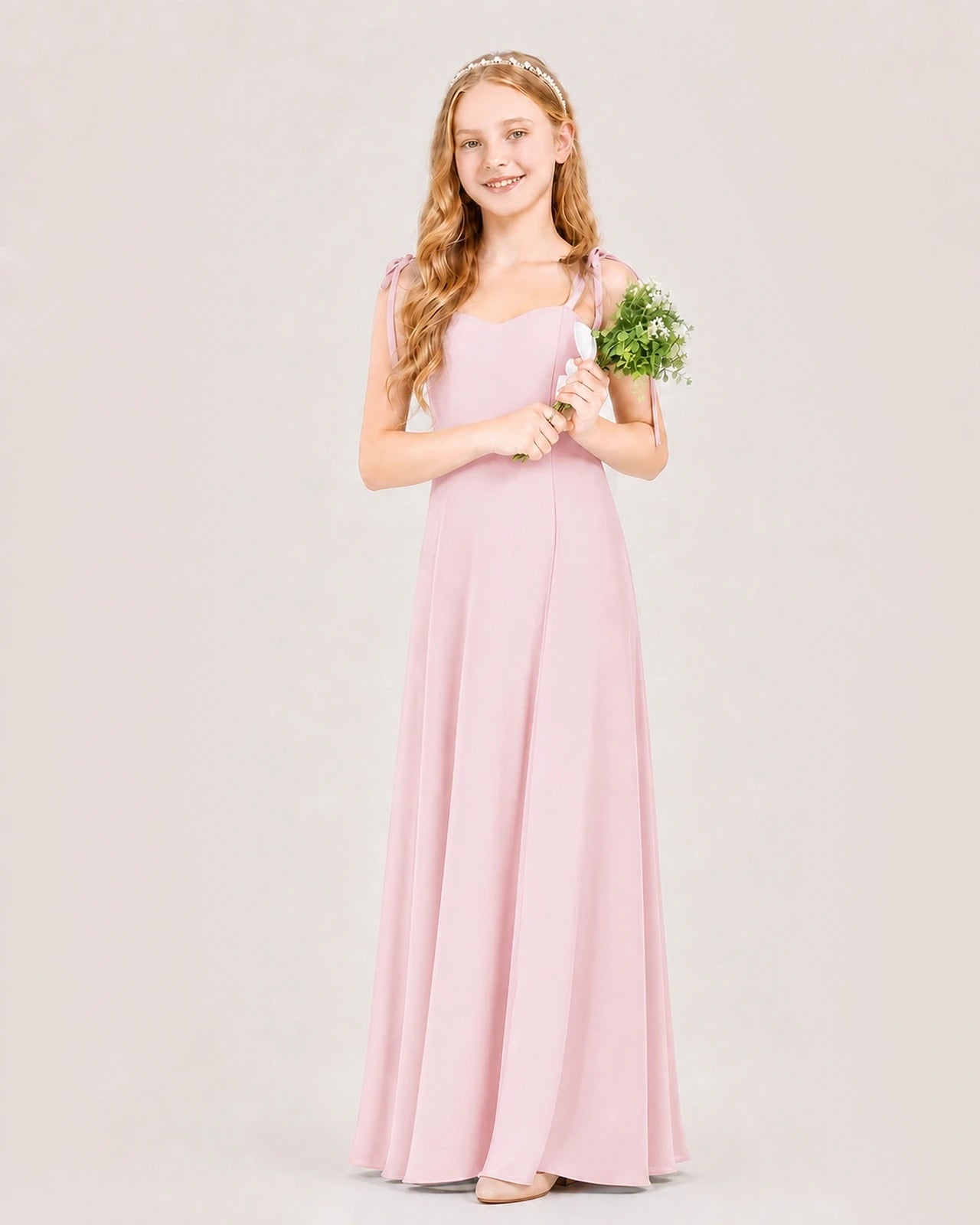Dideyttawl Chiffon Junior Bridesmaid Dress with Shoulder Tie Straps