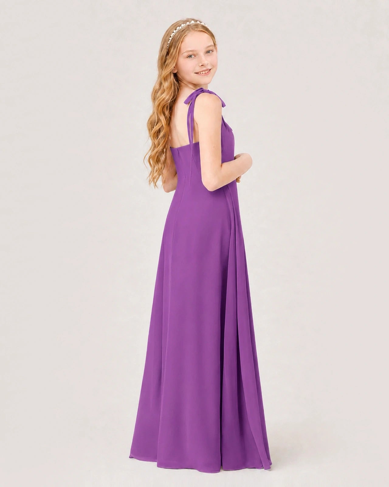 Dideyttawl Chiffon Junior Bridesmaid Dress with Shoulder Tie Straps