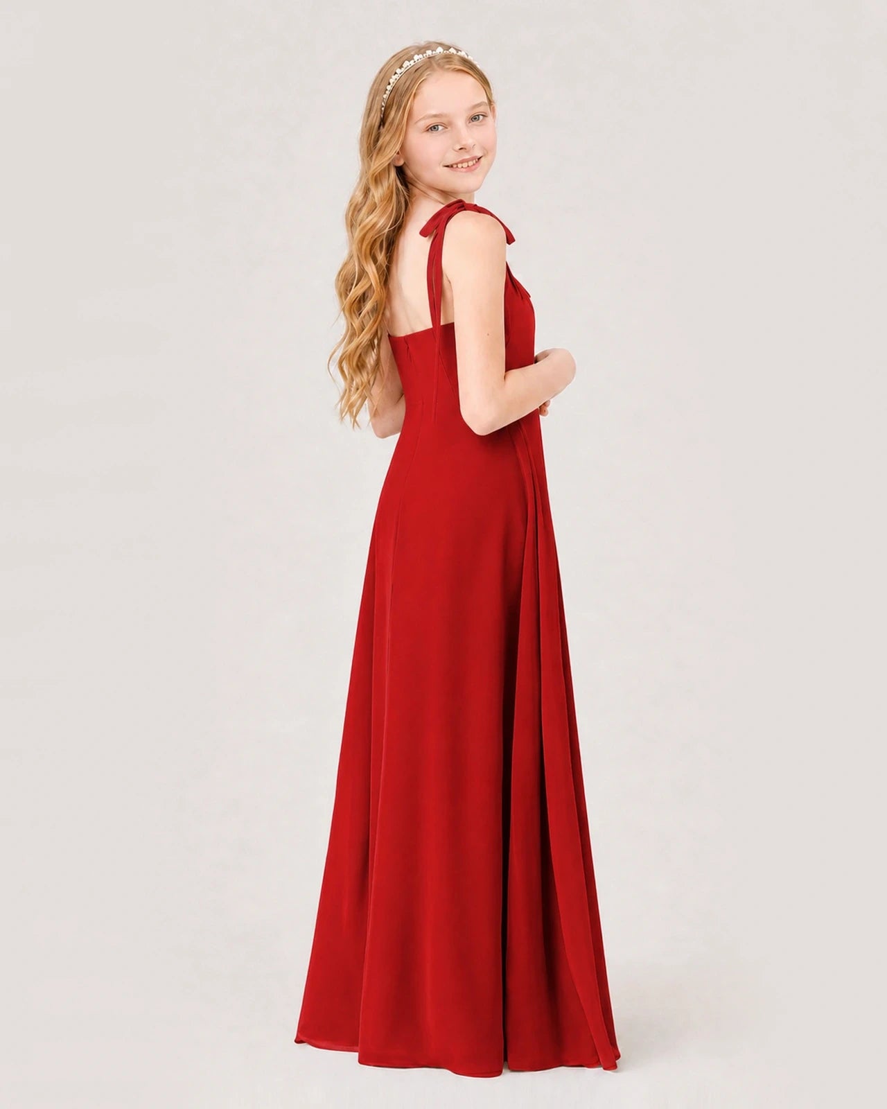 Dideyttawl Chiffon Junior Bridesmaid Dress with Shoulder Tie Straps