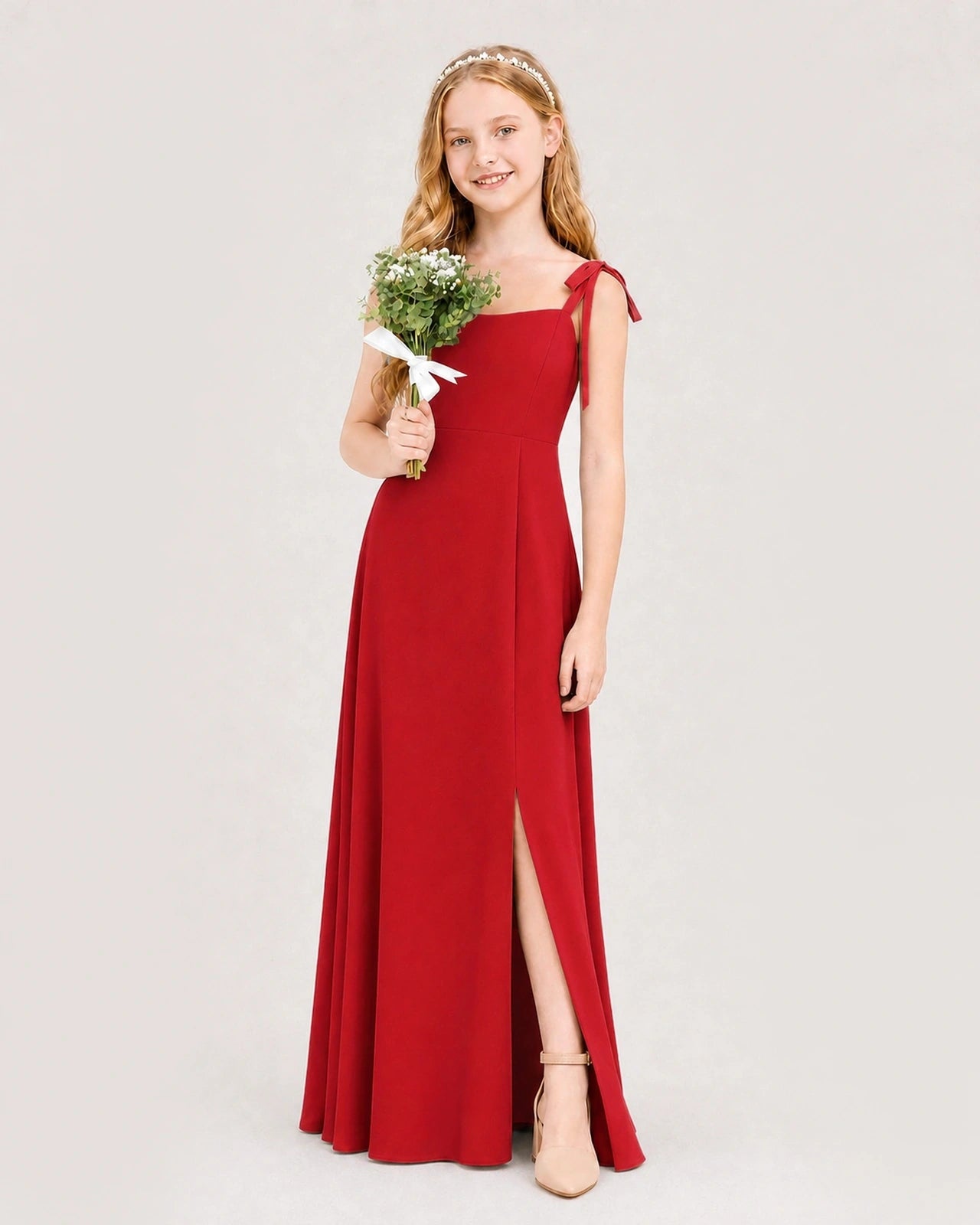 Dideyttawl Chiffon Junior Bridesmaid Dress with Shoulder Tie Straps