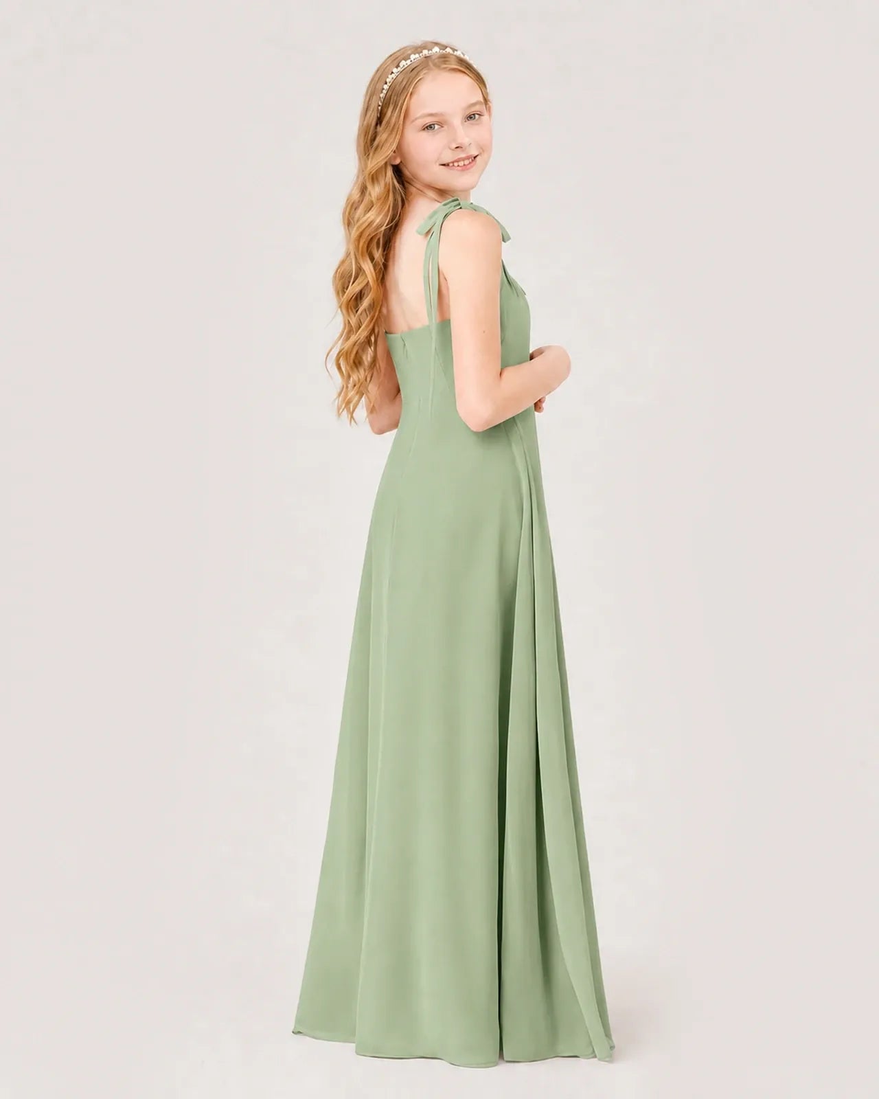 Sage Green Chiffon A-line Junior Bridesmaid Dress Back View