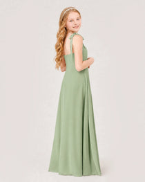 Dideyttawl Chiffon Junior Bridesmaid Dress with Shoulder Tie Straps