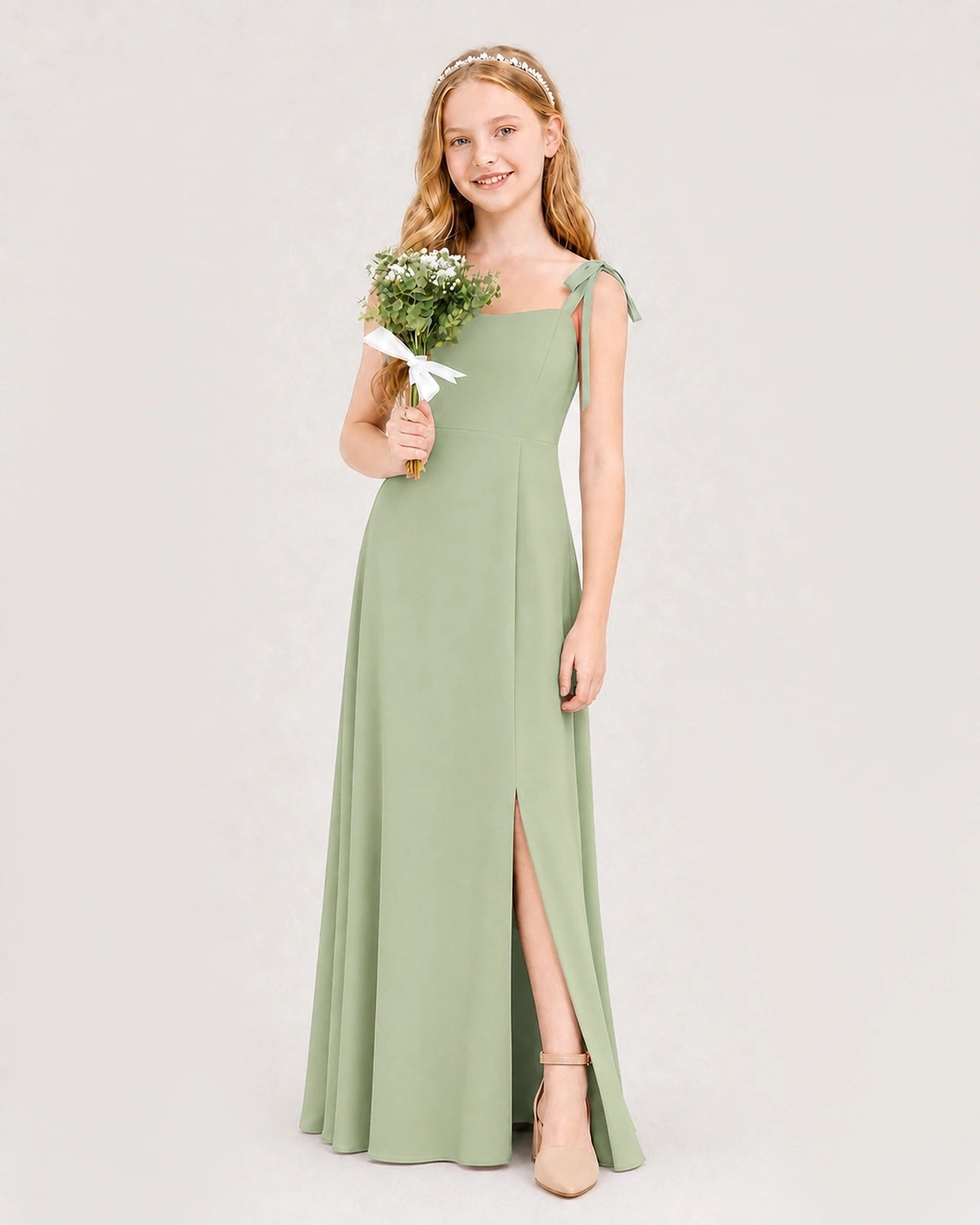 Dideyttawl Chiffon Junior Bridesmaid Dress with Shoulder Tie Straps