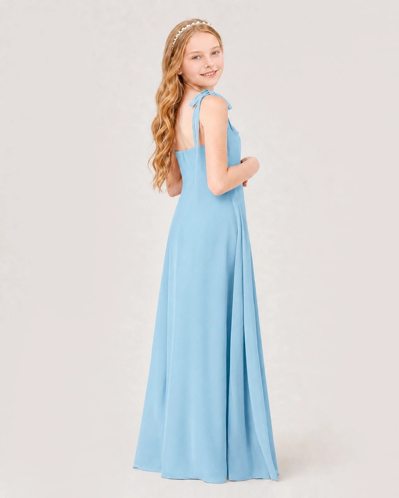 Dideyttawl Chiffon Junior Bridesmaid Dress with Shoulder Tie Straps