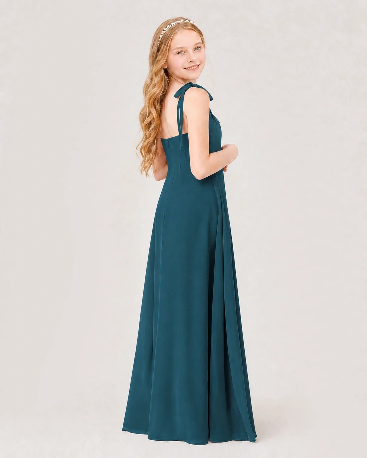 Dideyttawl Chiffon Junior Bridesmaid Dress with Shoulder Tie Straps