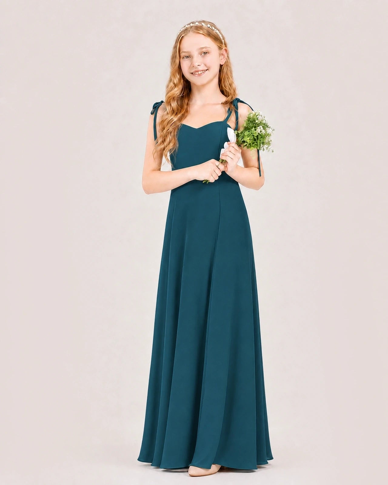 Dideyttawl Chiffon Junior Bridesmaid Dress with Shoulder Tie Straps