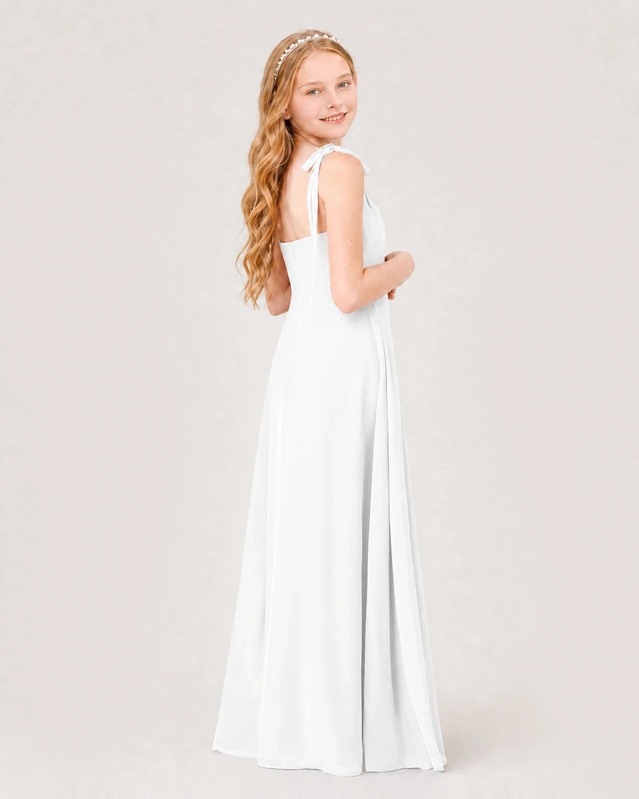 Dideyttawl Chiffon Junior Bridesmaid Dress with Shoulder Tie Straps