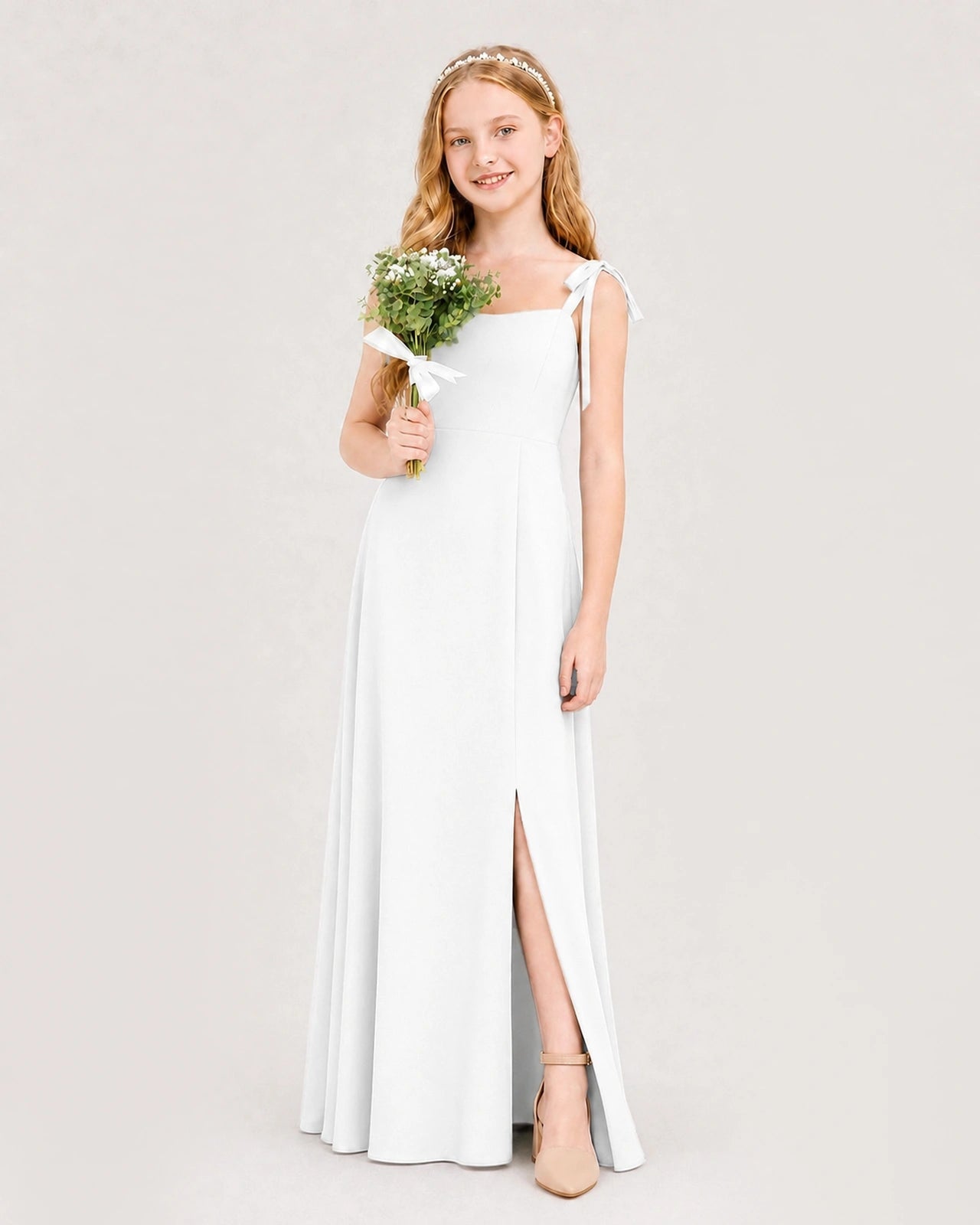Dideyttawl Chiffon Junior Bridesmaid Dress with Shoulder Tie Straps