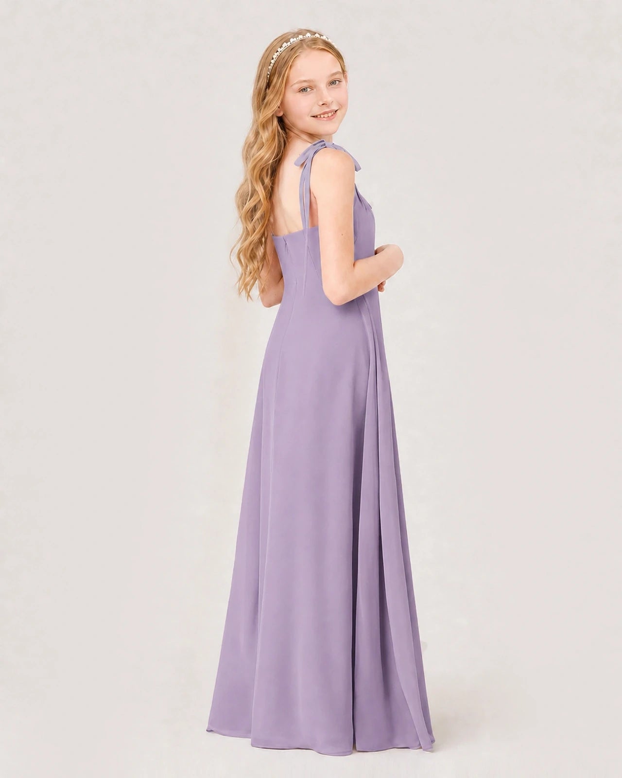 Dideyttawl Chiffon Junior Bridesmaid Dress with Shoulder Tie Straps