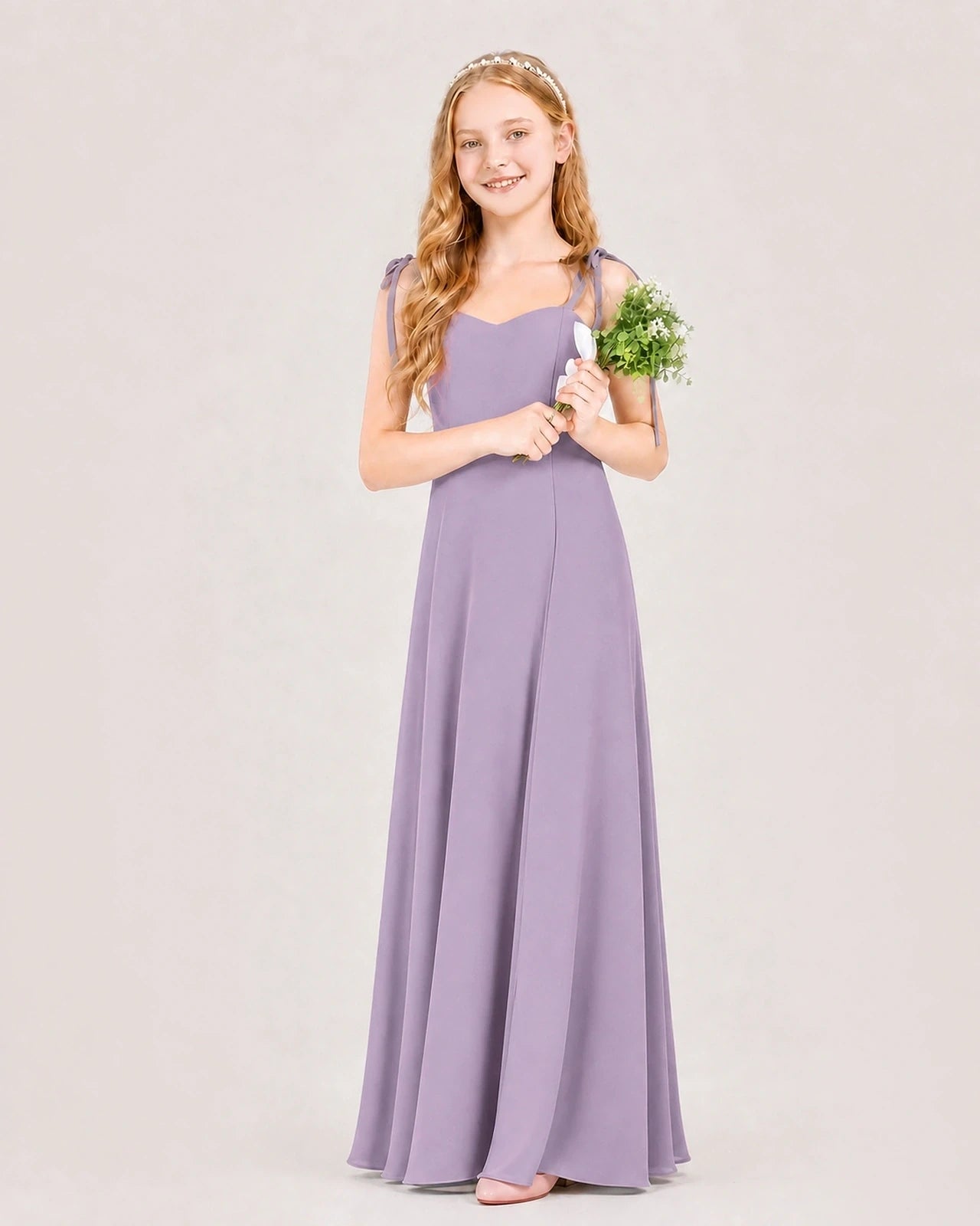 Dideyttawl Chiffon Junior Bridesmaid Dress with Shoulder Tie Straps
