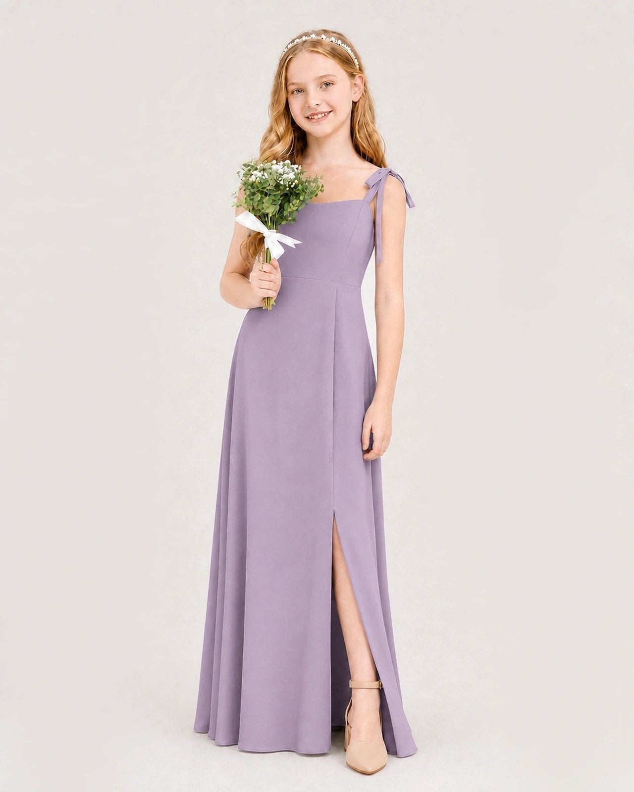 Dideyttawl Chiffon Junior Bridesmaid Dress with Shoulder Tie Straps