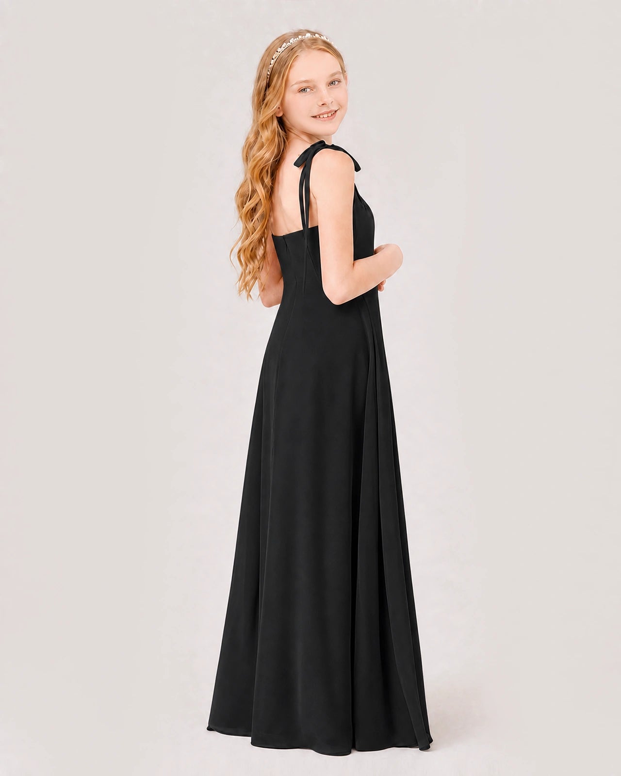 Black Junior Bridesmaid Dress Sweetheart Neck Self-Tie Strap Chiffon A-Line Floor-Length Gown Back Full View