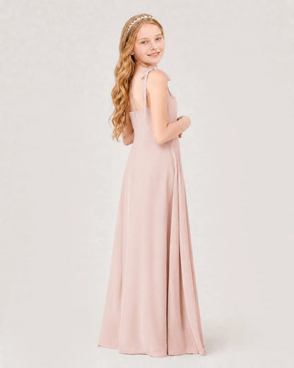 Blush Pink Junior Bridesmaid Dress Sweetheart Neck Self-Tie Strap Chiffon A-Line Floor-Length Gown Back Full View